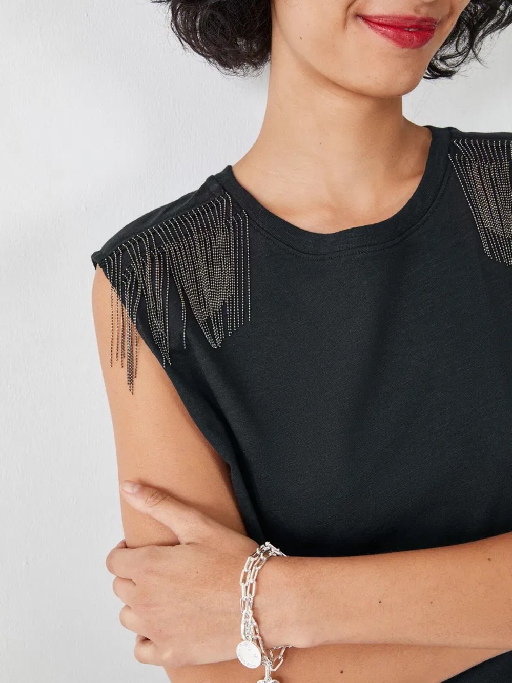 W5 Black Muscle Tee with Silver Shoulder Fringe